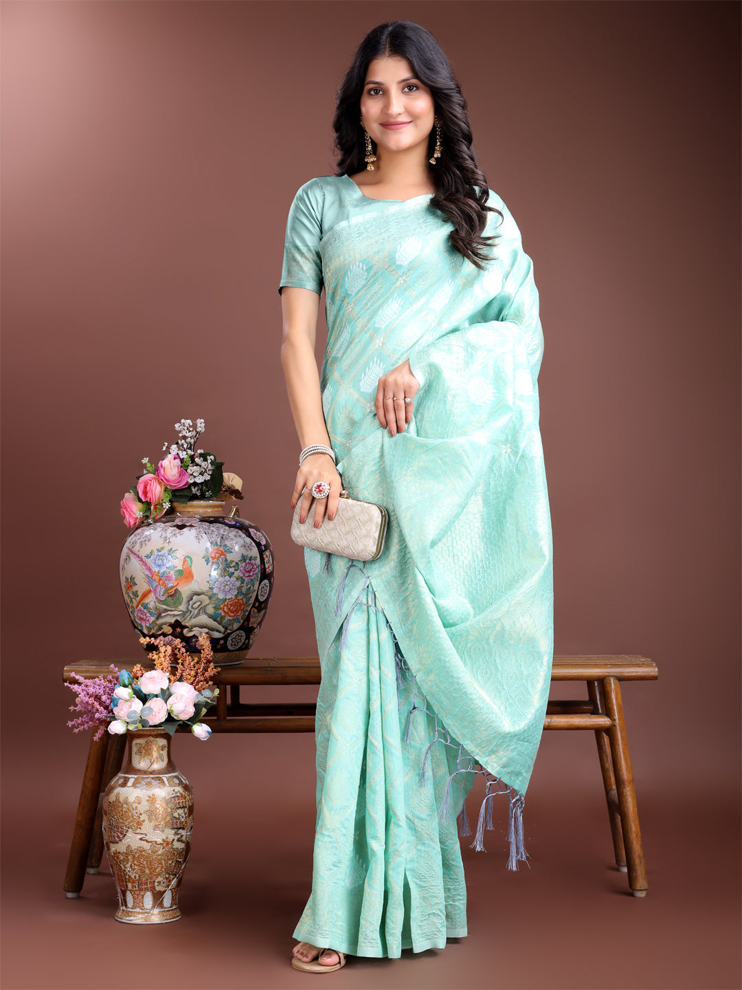 Shree Shyam Fashion Sea Green Cotton Woven Zari Work Traditional Tassel Saree