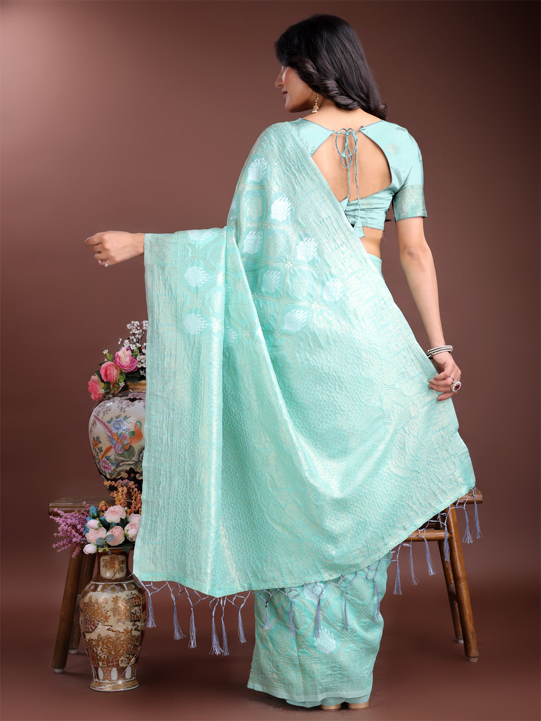 Shree Shyam Fashion Sea Green Cotton Woven Zari Work Traditional Tassel Saree