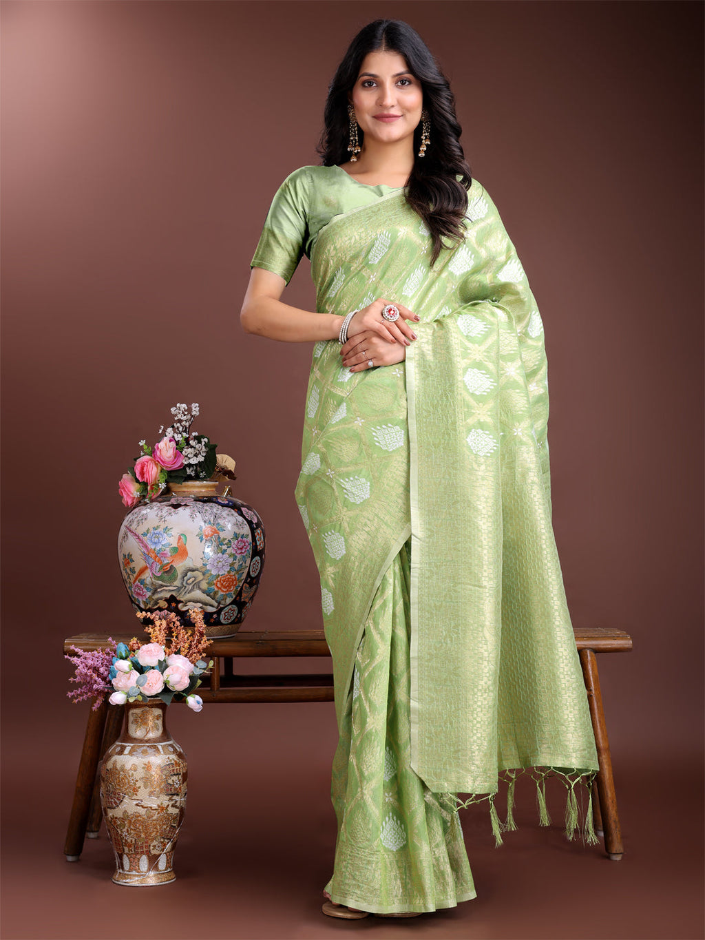 Shree Shyam Fashion Light Green Cotton Woven Zari Work Traditional Tassel Saree