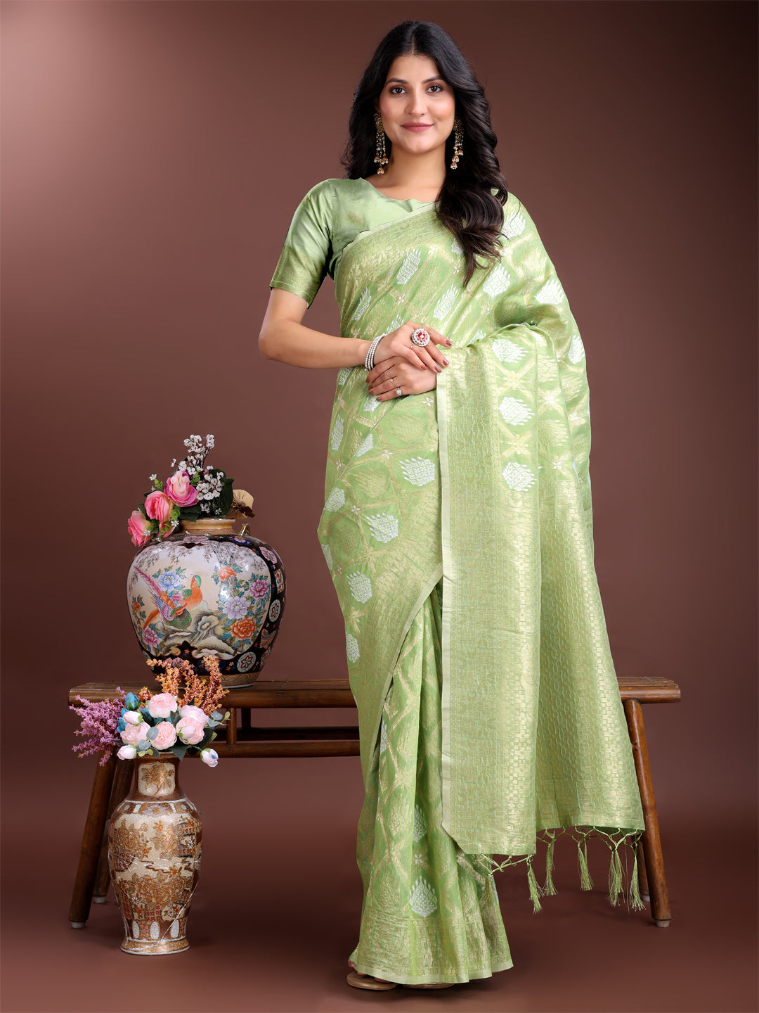 Shree Shyam Fashion Light Green Cotton Woven Zari Work Traditional Tassel Saree