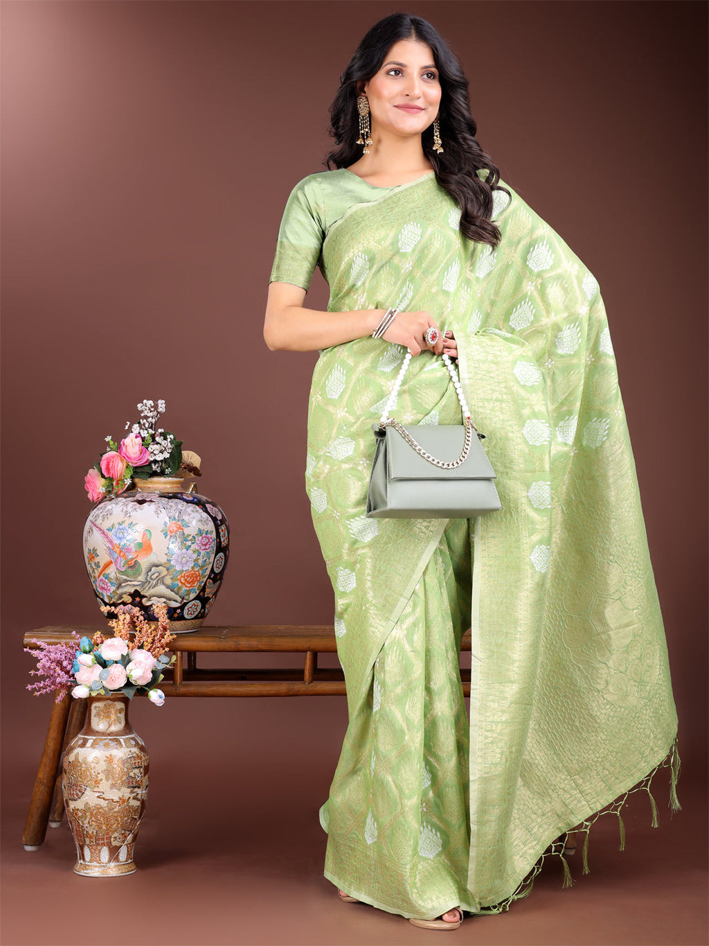 Shree Shyam Fashion Light Green Cotton Woven Zari Work Traditional Tassel Saree