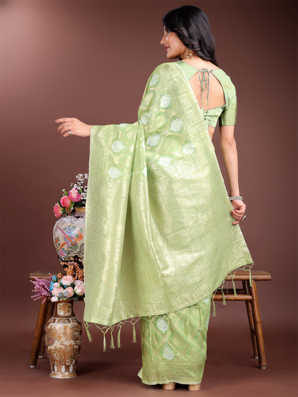 Shree Shyam Fashion Light Green Cotton Woven Zari Work Traditional Tassel Saree