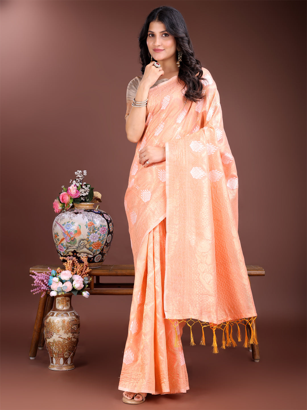 Shree Shyam Fashion Orange Cotton Woven Zari Work Traditional Tassel Saree
