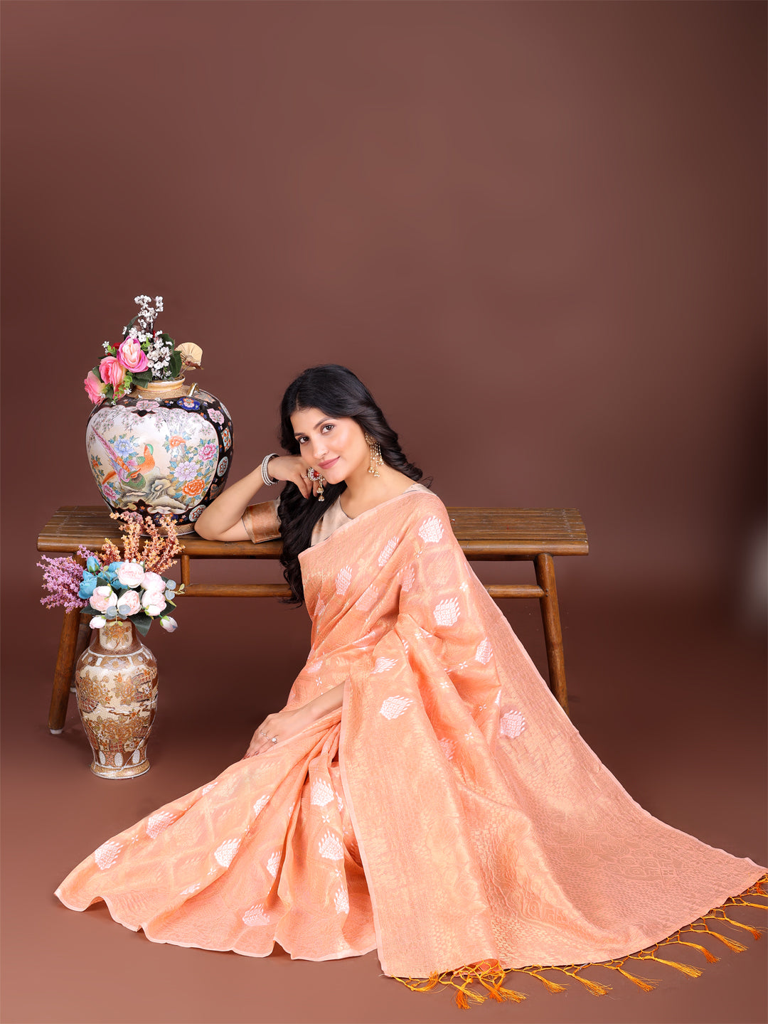 Shree Shyam Fashion Orange Cotton Woven Zari Work Traditional Tassel Saree