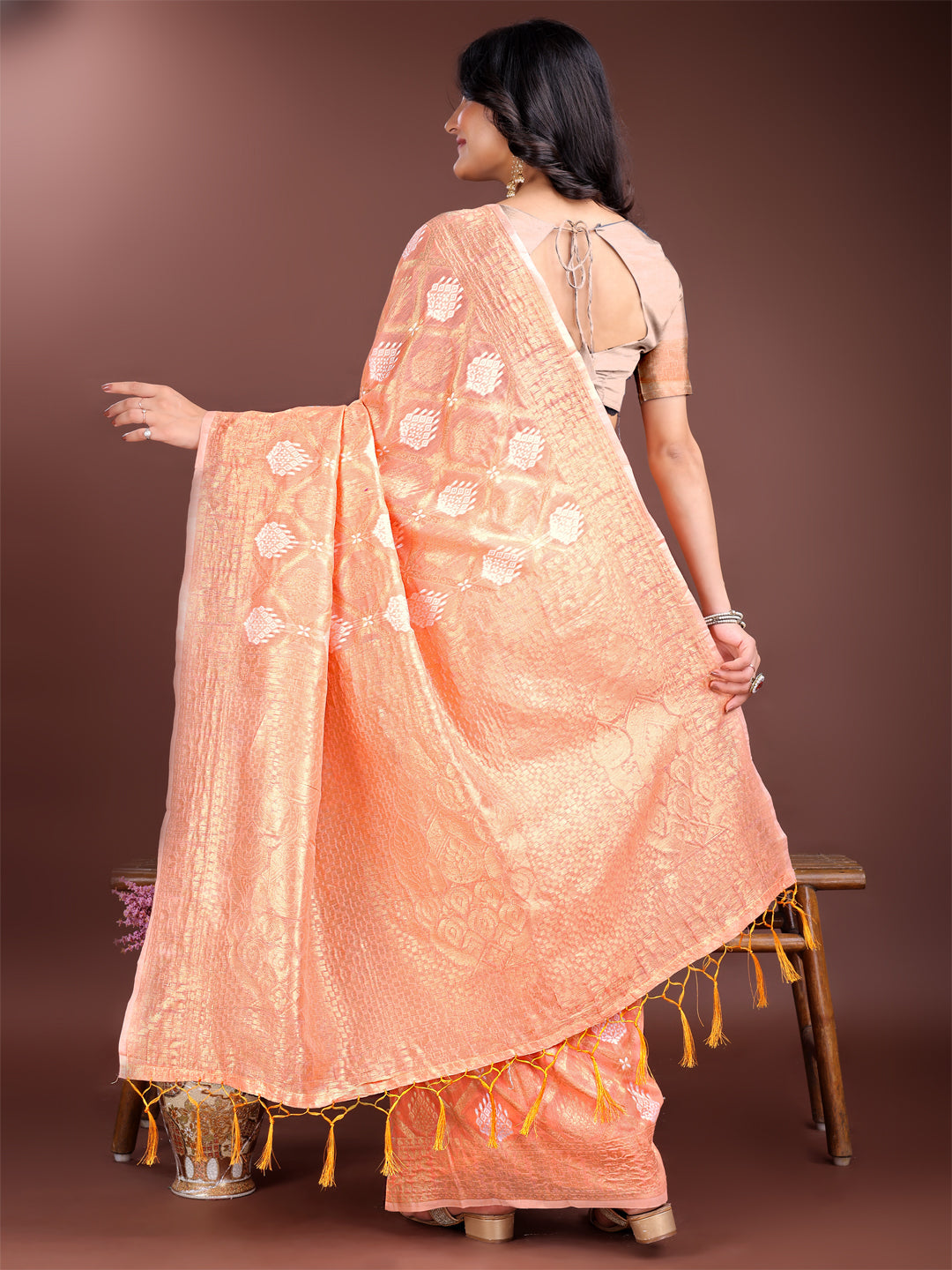 Shree Shyam Fashion Orange Cotton Woven Zari Work Traditional Tassel Saree
