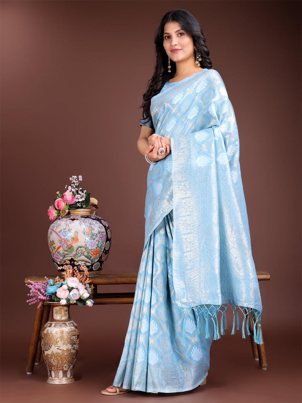 Shree Shyam Fashion Sky Blue Cotton Woven Zari Work Traditional Tassel Saree