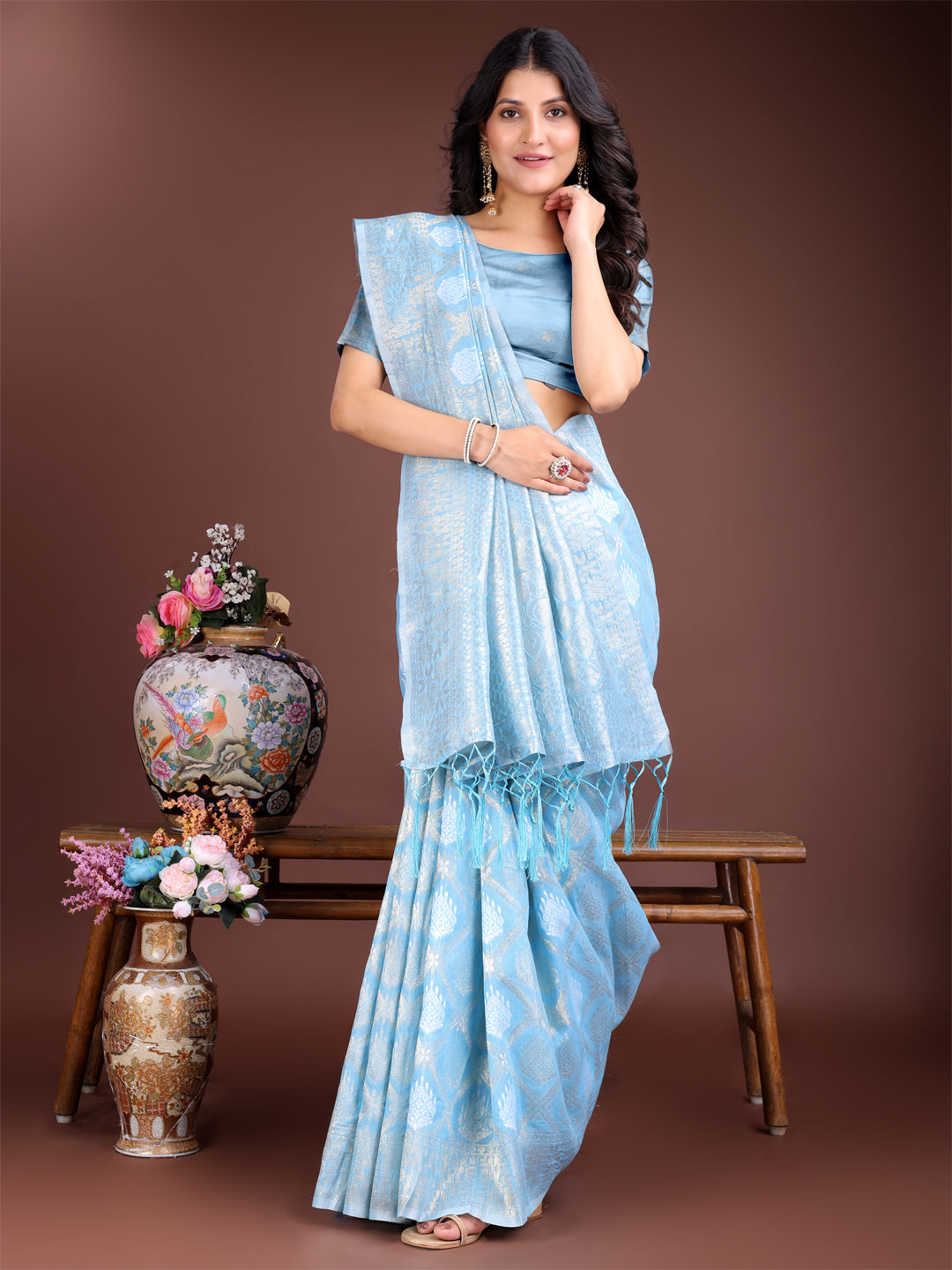 Shree Shyam Fashion Sky Blue Cotton Woven Zari Work Traditional Tassel Saree