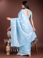 Shree Shyam Fashion Sky Blue Cotton Woven Zari Work Traditional Tassel Saree