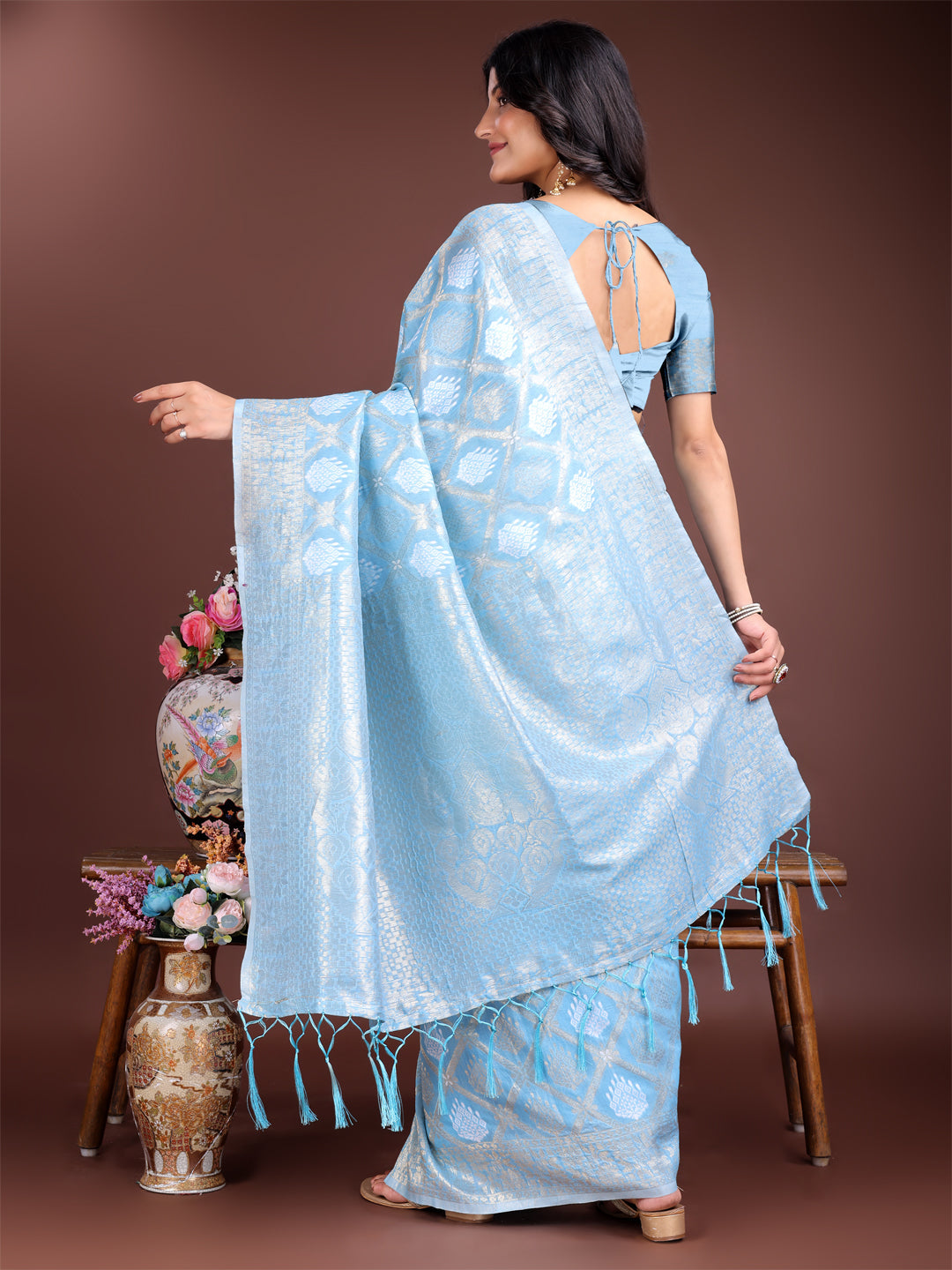 Shree Shyam Fashion Sky Blue Cotton Woven Zari Work Traditional Tassel Saree