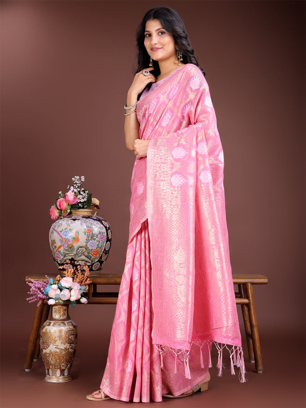 Shree Shyam Fashion Pink Cotton Woven Zari Work Traditional Tassel Saree