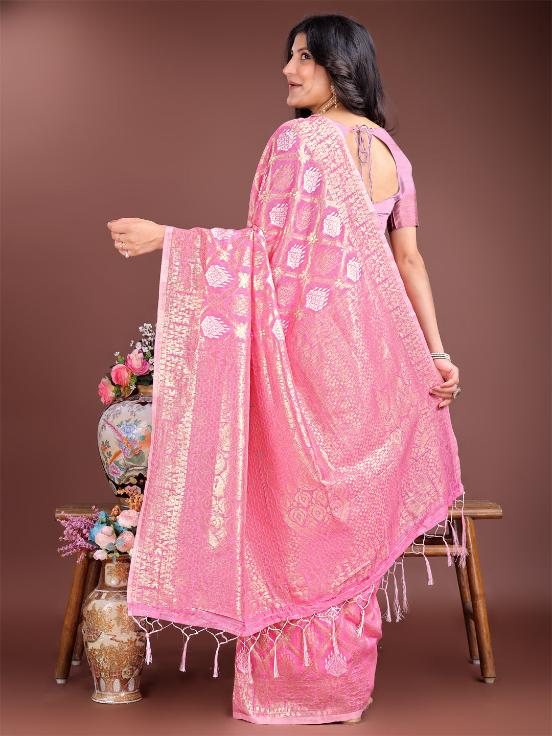 Shree Shyam Fashion Pink Cotton Woven Zari Work Traditional Tassel Saree