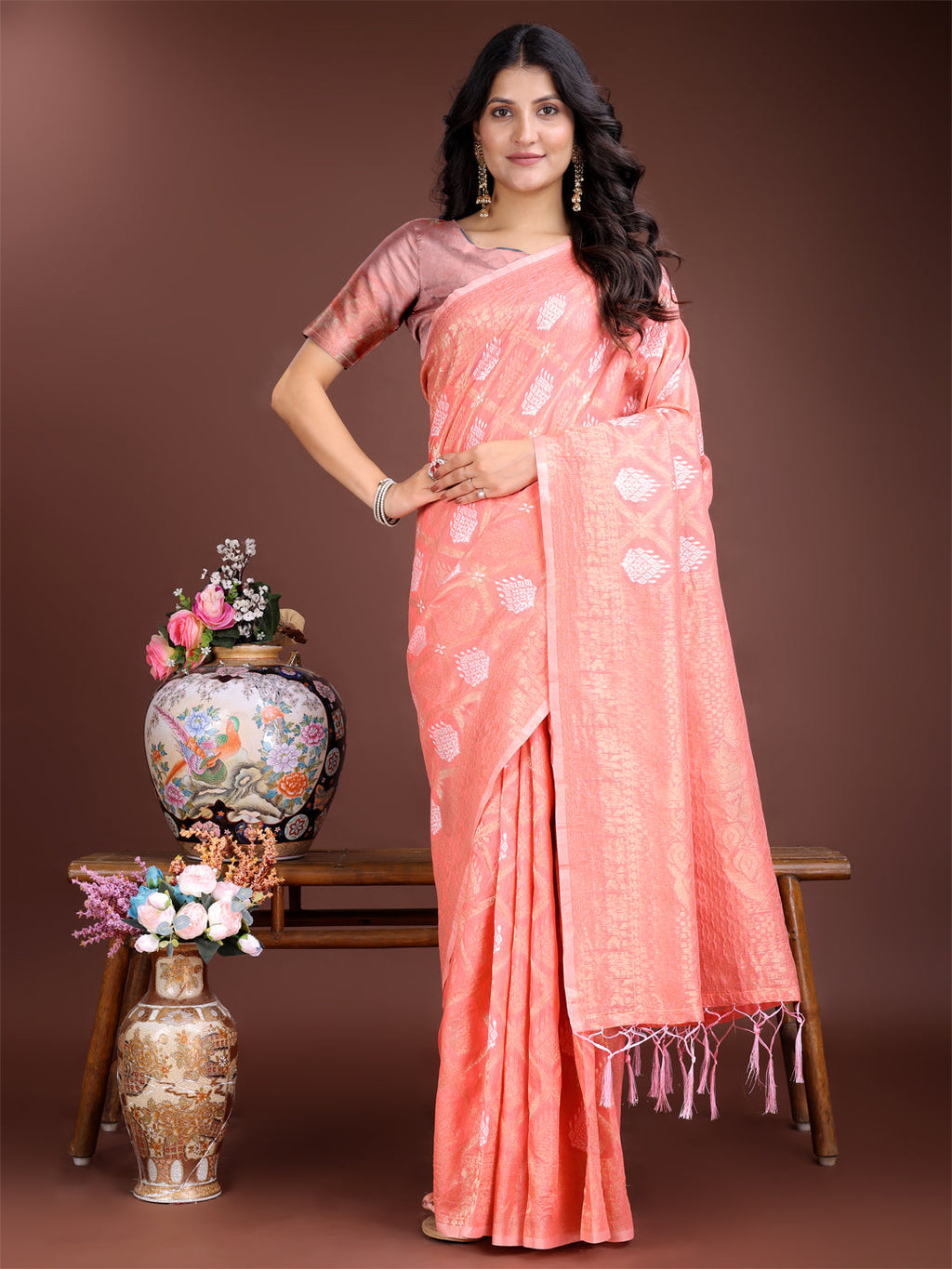 Shree Shyam Fashion Peach Cotton Woven Zari Work Traditional Tassel Saree
