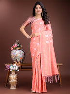 Shree Shyam Fashion Peach Cotton Woven Zari Work Traditional Tassel Saree