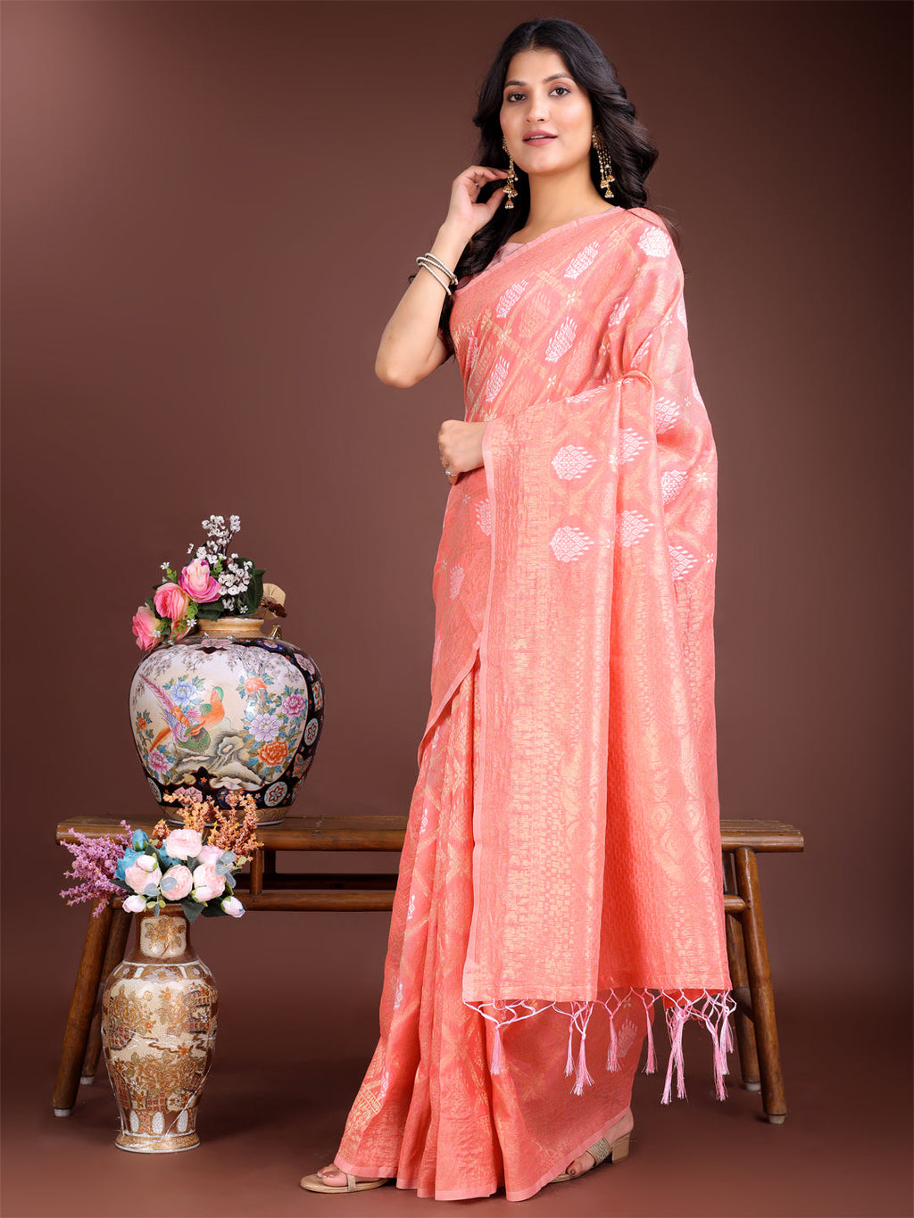 Shree Shyam Fashion Peach Cotton Woven Zari Work Traditional Tassel Saree