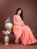 Shree Shyam Fashion Peach Cotton Woven Zari Work Traditional Tassel Saree