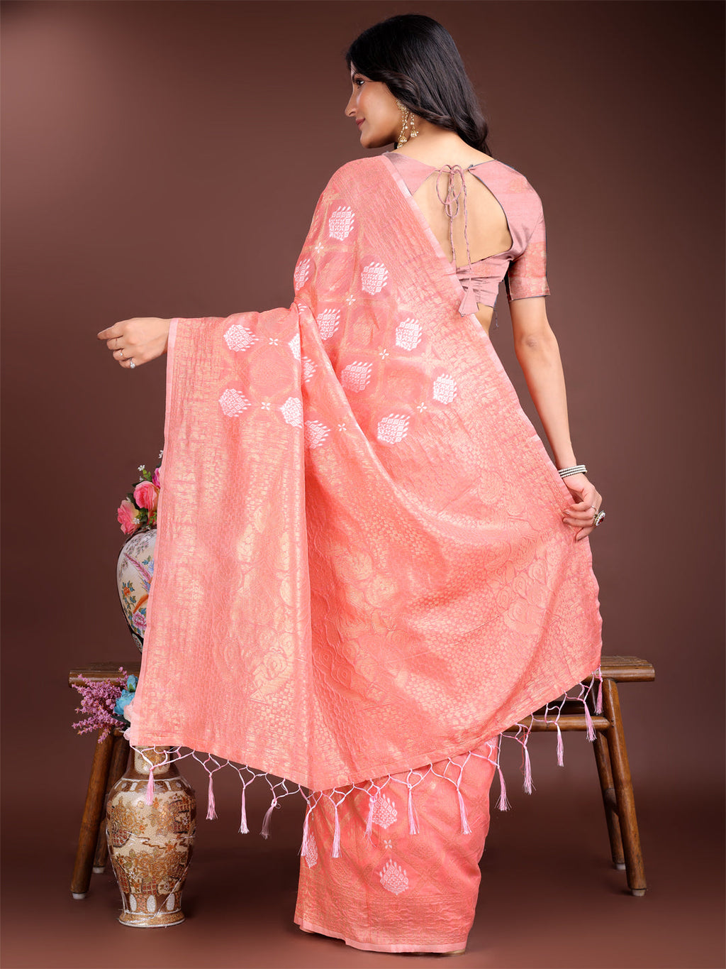 Shree Shyam Fashion Peach Cotton Woven Zari Work Traditional Tassel Saree