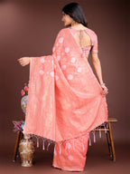 Shree Shyam Fashion Peach Cotton Woven Zari Work Traditional Tassel Saree