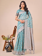 Shree Shyam Fashion Elegant Sea Green Linen Cotton Saree with Silver Zari Border & Geometric Weave - Daily,Office & Festive Wear