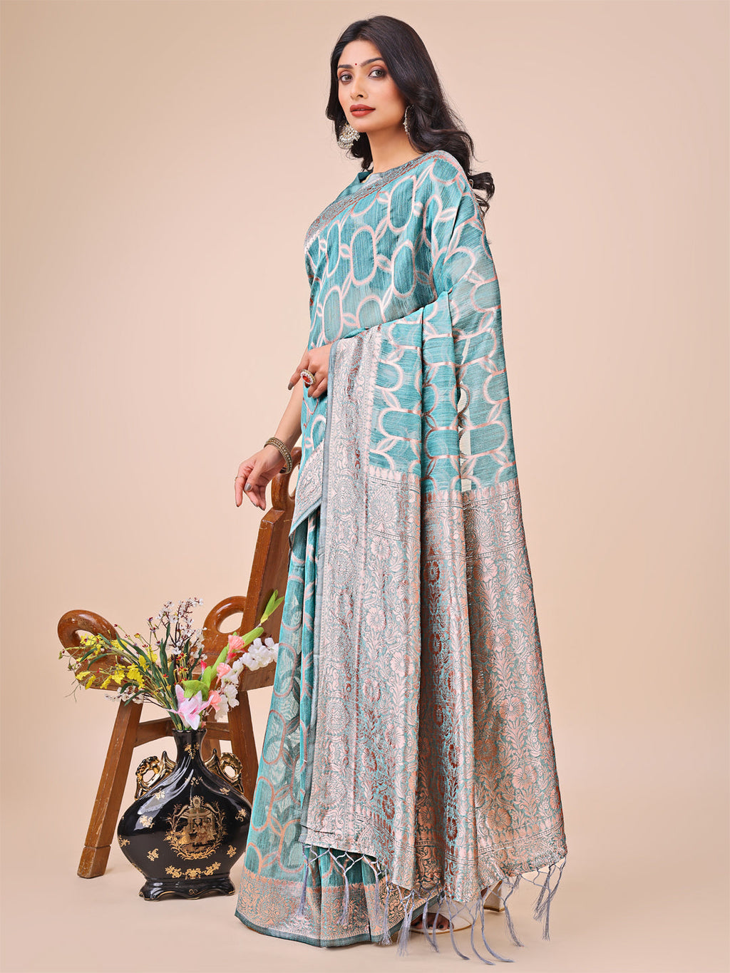 Shree Shyam Fashion Elegant Sea Green Linen Cotton Saree with Silver Zari Border & Geometric Weave - Daily,Office & Festive Wear