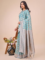 Shree Shyam Fashion Elegant Sea Green Linen Cotton Saree with Silver Zari Border & Geometric Weave - Daily,Office & Festive Wear