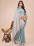 Shree Shyam Fashion Elegant Sea Green Linen Cotton Saree with Silver Zari Border & Geometric Weave - Daily,Office & Festive Wear