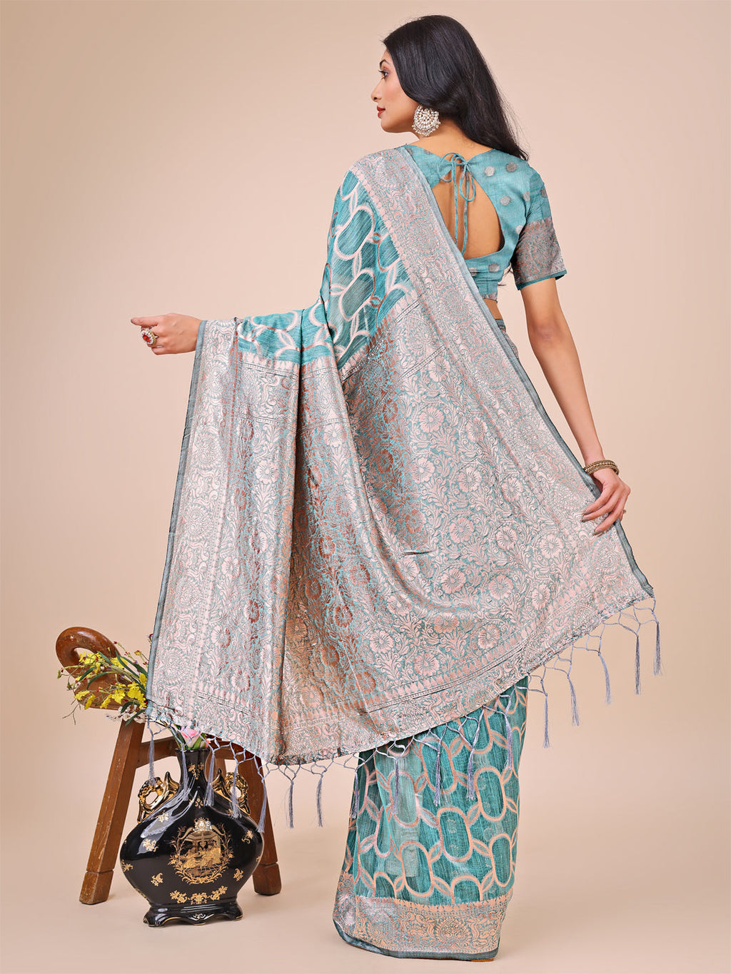Shree Shyam Fashion Elegant Sea Green Linen Cotton Saree with Silver Zari Border & Geometric Weave - Daily,Office & Festive Wear