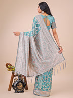 Shree Shyam Fashion Elegant Sea Green Linen Cotton Saree with Silver Zari Border & Geometric Weave - Daily,Office & Festive Wear