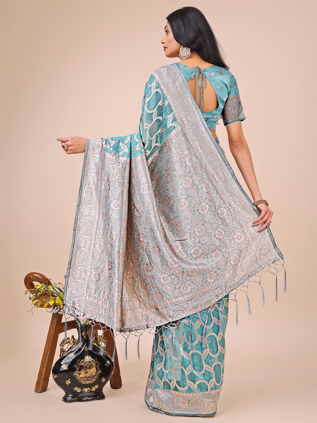 Shree Shyam Fashion Elegant Sea Green Linen Cotton Saree with Silver Zari Border & Geometric Weave - Daily,Office & Festive Wear
