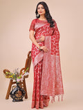 Shree Shyam Fashion Elegant Red Linen Cotton Saree with Silver Zari Border & Geometric Weave - Daily,Office & Festive Wear
