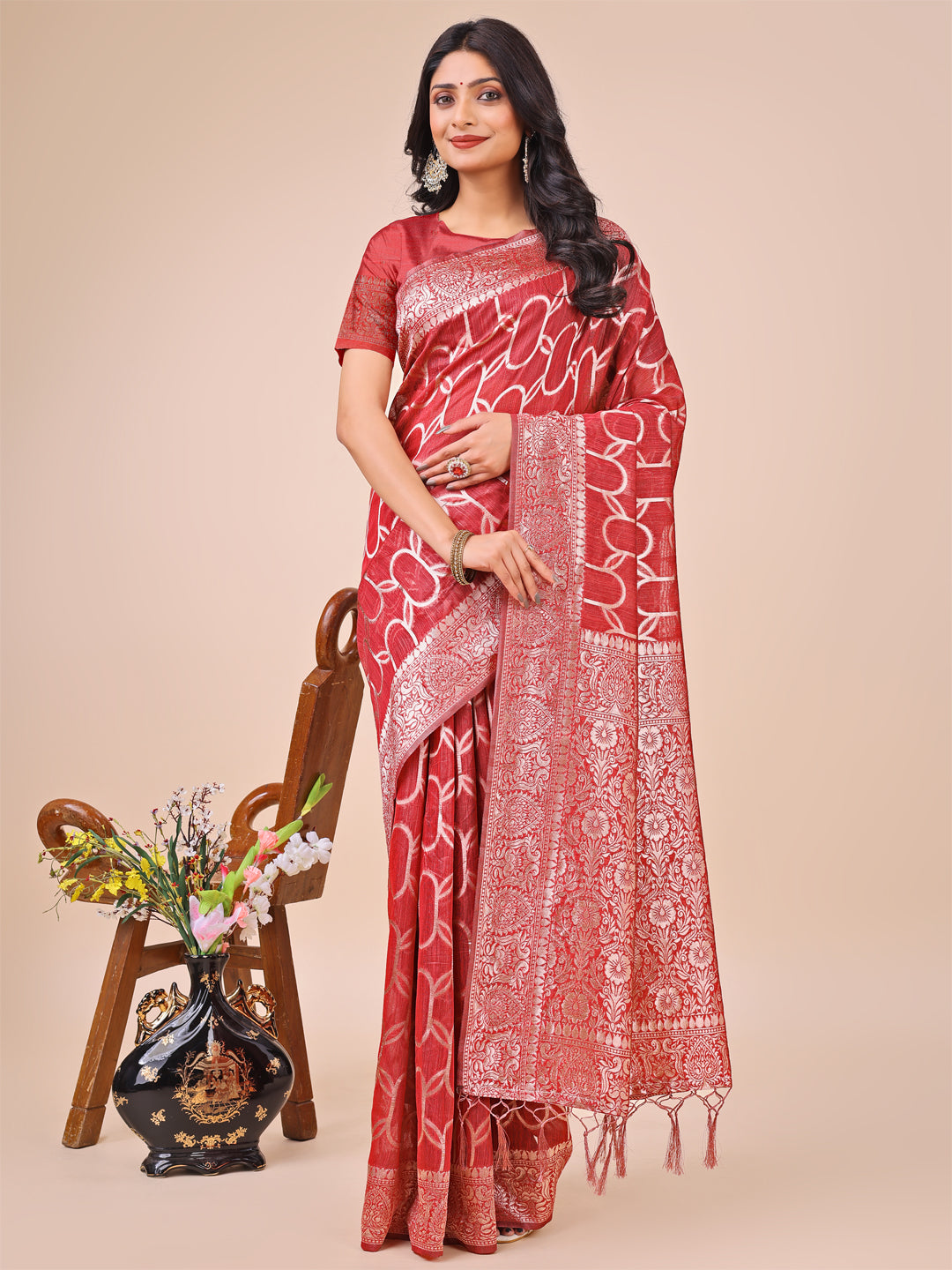 Shree Shyam Fashion Elegant Red Linen Cotton Saree with Silver Zari Border & Geometric Weave - Daily,Office & Festive Wear