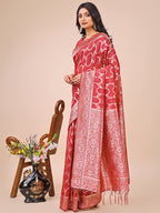 Shree Shyam Fashion Elegant Red Linen Cotton Saree with Silver Zari Border & Geometric Weave - Daily,Office & Festive Wear
