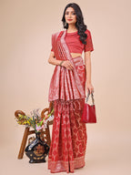 Shree Shyam Fashion Elegant Red Linen Cotton Saree with Silver Zari Border & Geometric Weave - Daily,Office & Festive Wear