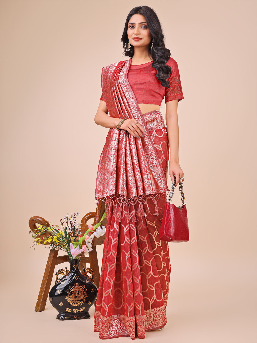 Shree Shyam Fashion Elegant Red Linen Cotton Saree with Silver Zari Border & Geometric Weave - Daily,Office & Festive Wear