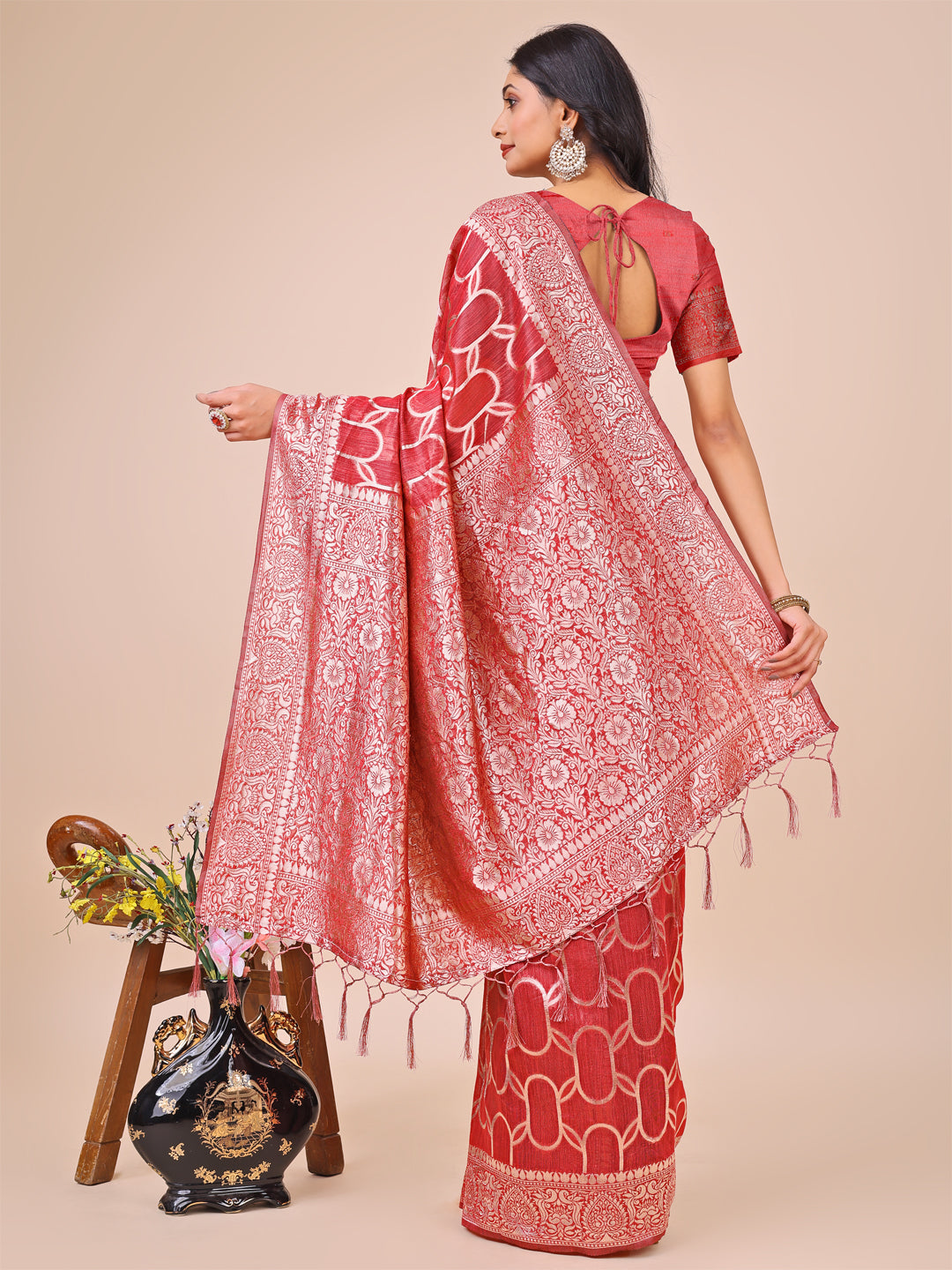 Shree Shyam Fashion Elegant Red Linen Cotton Saree with Silver Zari Border & Geometric Weave - Daily,Office & Festive Wear