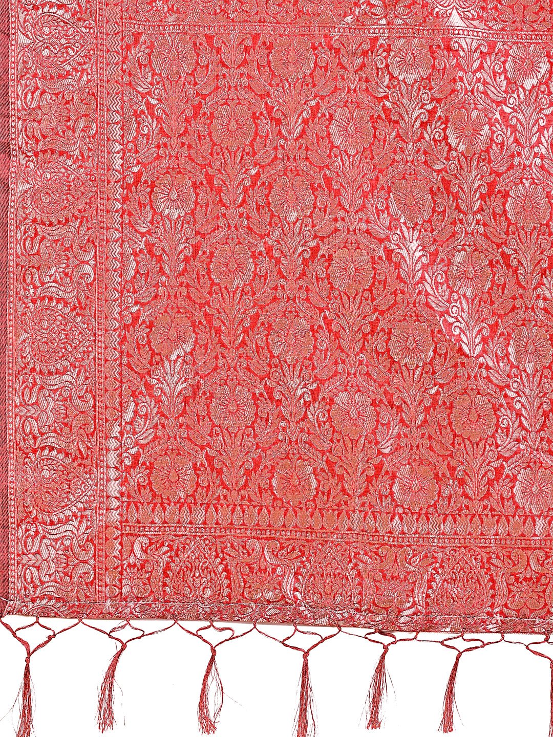 Shree Shyam Fashion Elegant Red Linen Cotton Saree with Silver Zari Border & Geometric Weave - Daily,Office & Festive Wear