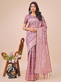 Shree Shyam Fashion Elegant Purple Linen Cotton Saree with Silver Zari Border & Geometric Weave - Daily,Office & Festive Wear