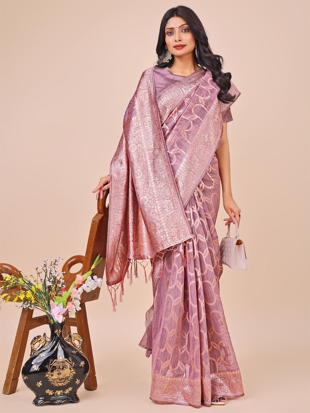 Shree Shyam Fashion Elegant Purple Linen Cotton Saree with Silver Zari Border & Geometric Weave - Daily,Office & Festive Wear