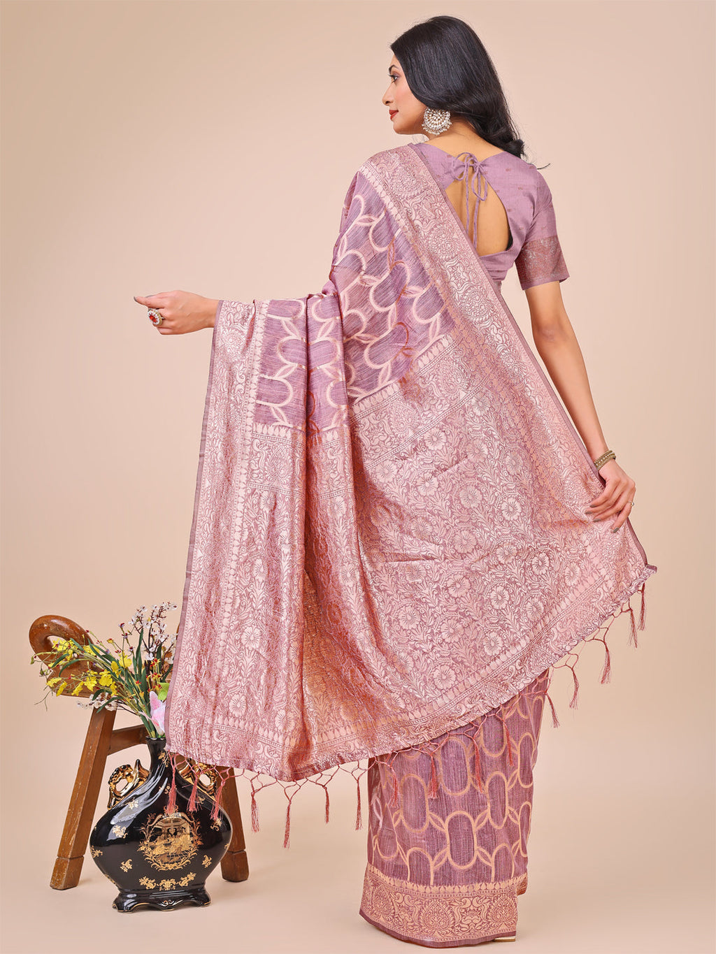 Shree Shyam Fashion Elegant Purple Linen Cotton Saree with Silver Zari Border & Geometric Weave - Daily,Office & Festive Wear