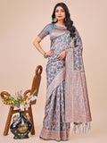Shree Shyam Fashion Elegant Grey Linen Cotton Saree with Silver Zari Border & Geometric Weave - Daily,Office & Festive Wear
