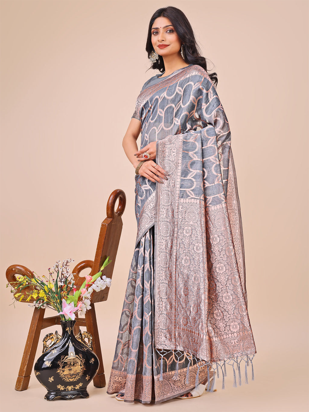 Shree Shyam Fashion Elegant Grey Linen Cotton Saree with Silver Zari Border & Geometric Weave - Daily,Office & Festive Wear