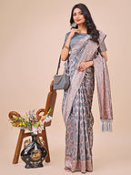 Shree Shyam Fashion Elegant Grey Linen Cotton Saree with Silver Zari Border & Geometric Weave - Daily,Office & Festive Wear