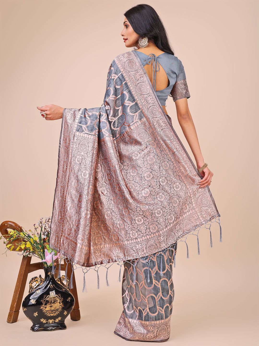 Shree Shyam Fashion Elegant Grey Linen Cotton Saree with Silver Zari Border & Geometric Weave - Daily,Office & Festive Wear
