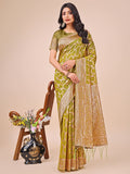 Shree Shyam Fashion Elegant Olive Green Linen Cotton Saree with Silver Zari Border & Geometric Weave - Daily,Office & Festive Wear