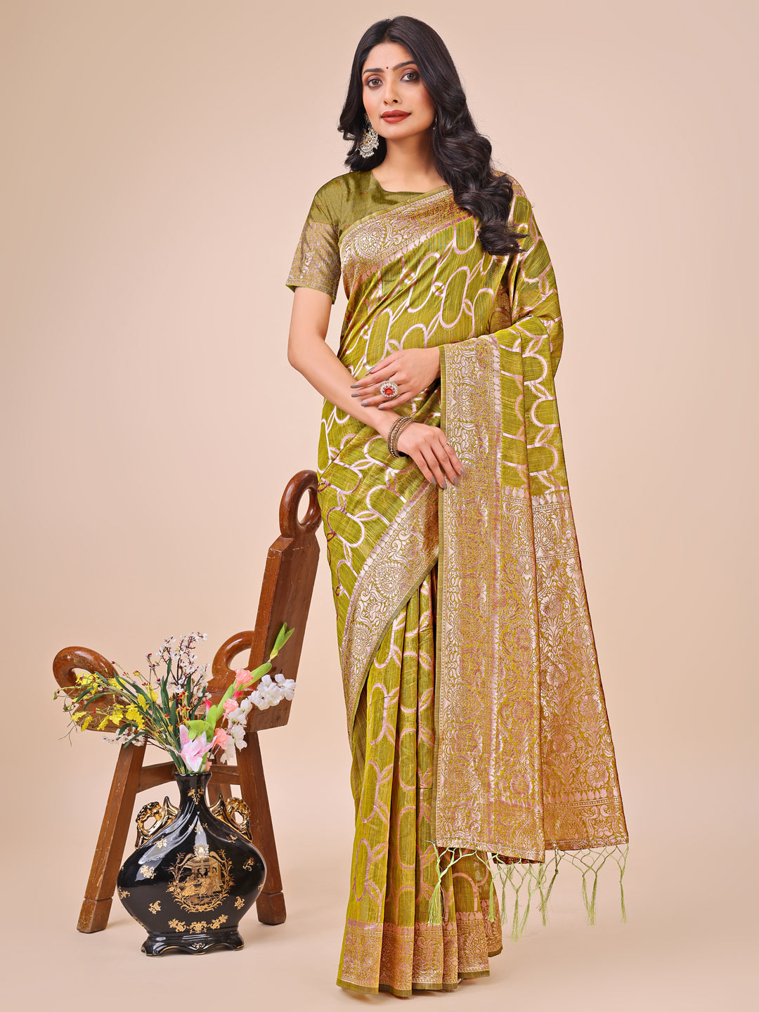Shree Shyam Fashion Elegant Olive Green Linen Cotton Saree with Silver Zari Border & Geometric Weave - Daily,Office & Festive Wear
