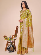 Shree Shyam Fashion Elegant Olive Green Linen Cotton Saree with Silver Zari Border & Geometric Weave - Daily,Office & Festive Wear