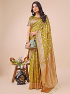 Shree Shyam Fashion Elegant Olive Green Linen Cotton Saree with Silver Zari Border & Geometric Weave - Daily,Office & Festive Wear