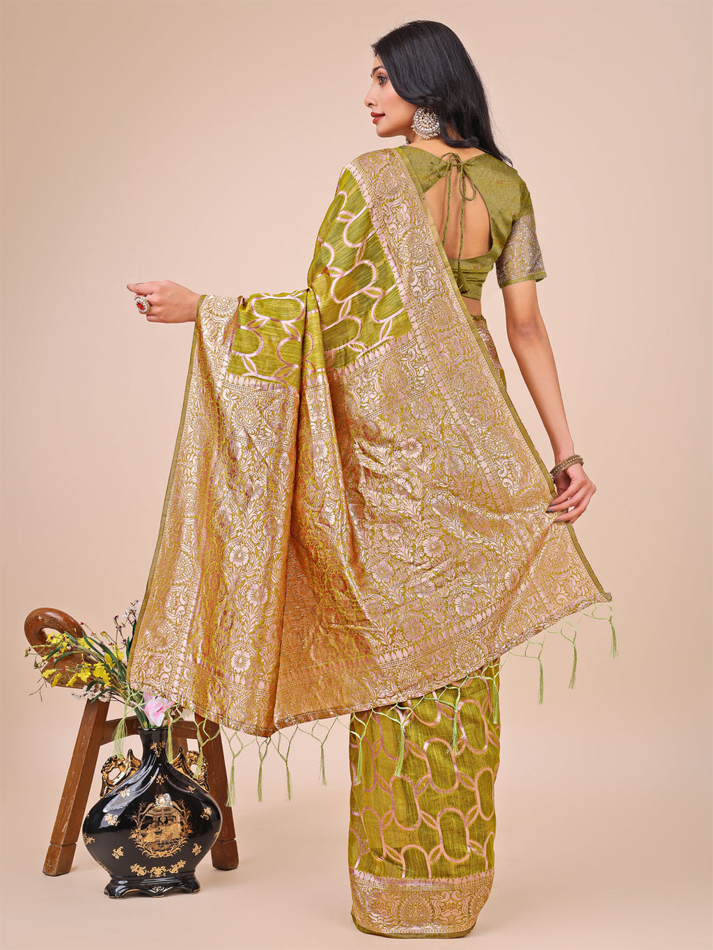 Shree Shyam Fashion Elegant Olive Green Linen Cotton Saree with Silver Zari Border & Geometric Weave - Daily,Office & Festive Wear