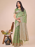 Shree Shyam Fashion Elegant Green Linen Cotton Saree with Silver Zari Border & Geometric Weave - Daily,Office & Festive Wear