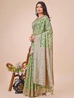 Shree Shyam Fashion Elegant Green Linen Cotton Saree with Silver Zari Border & Geometric Weave - Daily,Office & Festive Wear