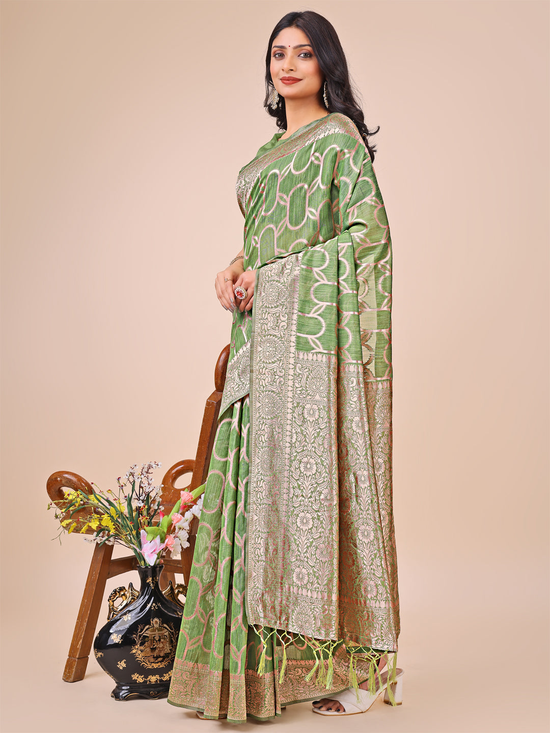 Shree Shyam Fashion Elegant Green Linen Cotton Saree with Silver Zari Border & Geometric Weave - Daily,Office & Festive Wear
